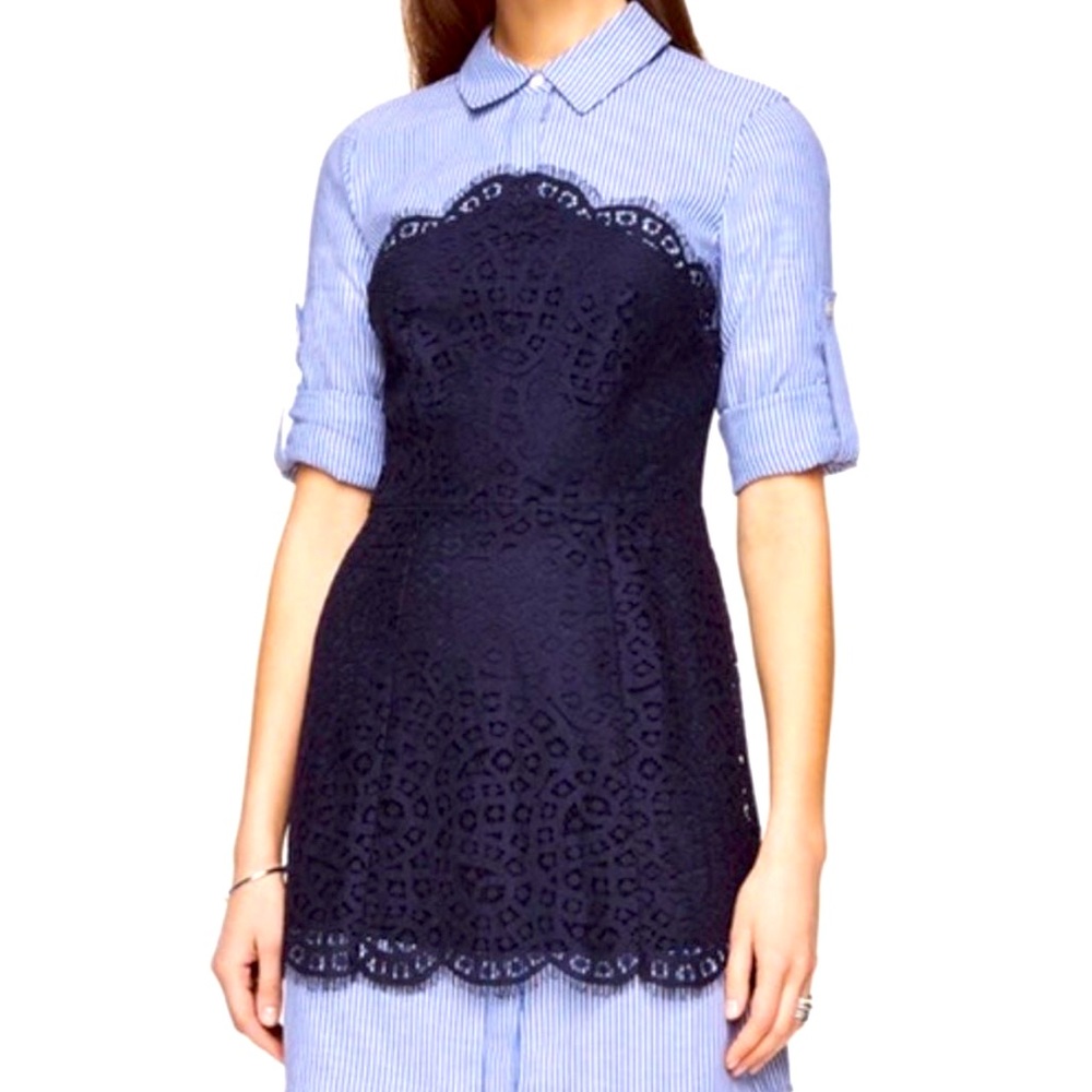 BCBG Kailyn Lace blocked blue striped shirt dress size 6